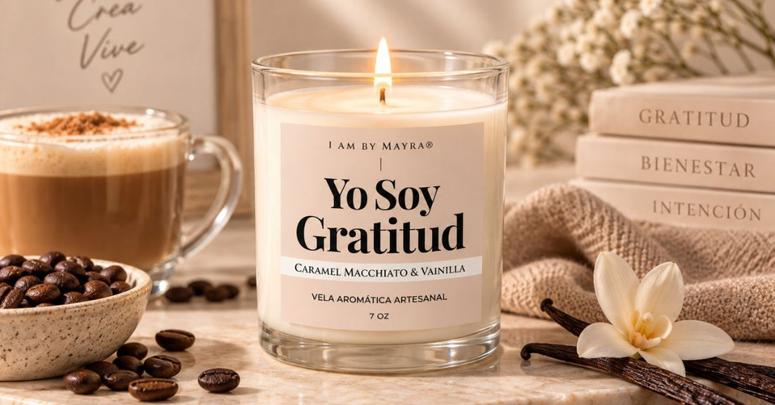 Vela Yo Soy Gratitud encendida junto a una taza de café, para un ritual de gratitud