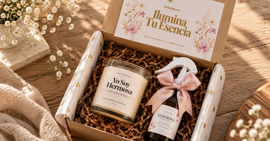 Kit de regalo I AM BY MAYRA con vela Yo Soy Hermosa y room spray en una caja con tarjeta Ilumina tu esencia